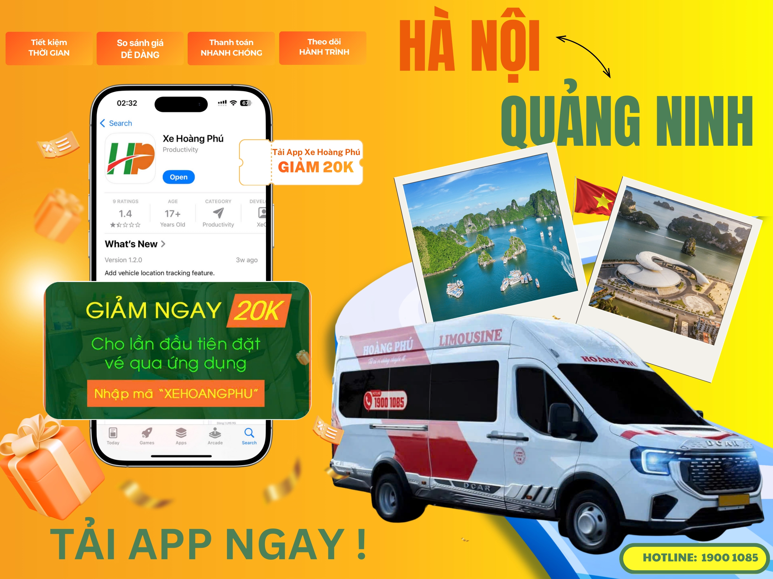 Tải app Xe Hoàng Phú - nhận ngay voucher giảm 20K cho lần đầu đặt vé 