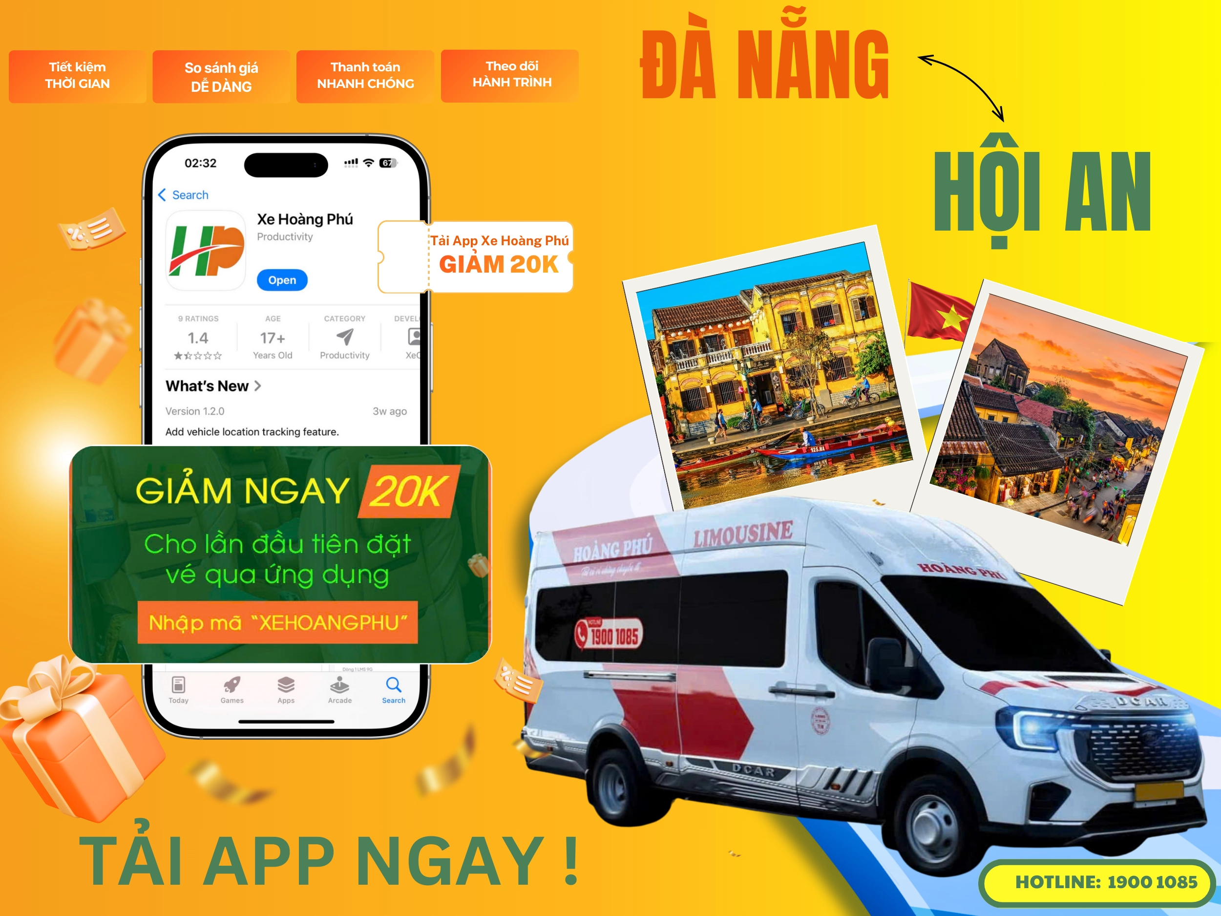 Tặng voucher 20K cho lần đầu đặt vé - Tải app Xe Hoàng Phú ngay!